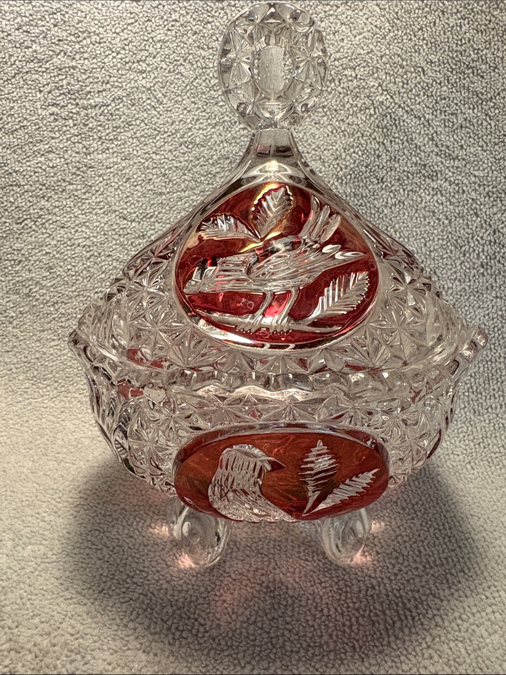 Crystal Covered Candy Dish with Ruby bird Accents - Cut to clear style
